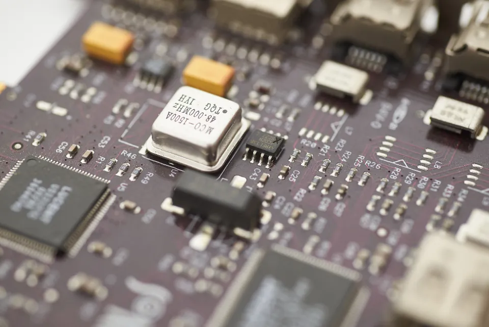 Close-up of chips on a computer circuit board